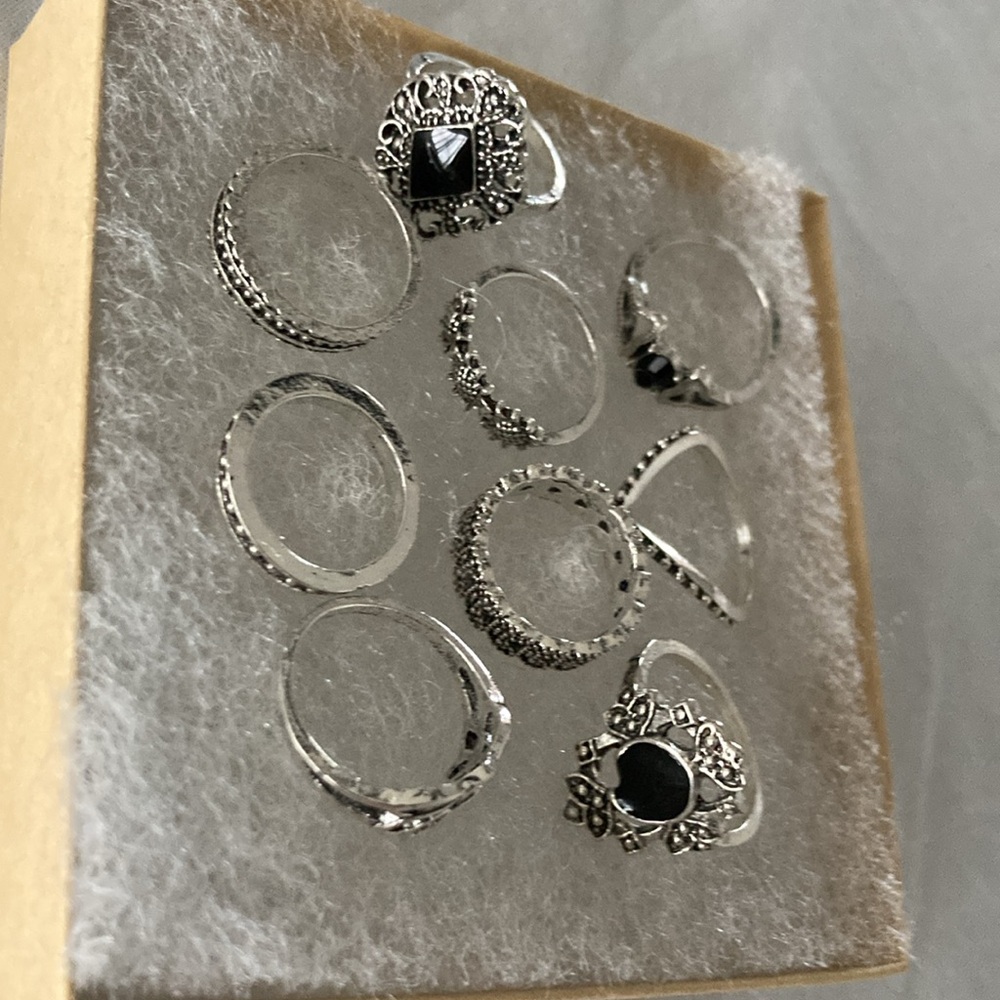 9 Boho Rings New Sizes 4 to 7 Black and Silvertone Bohemian Excellent